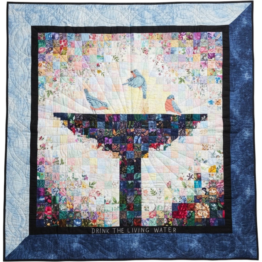 Handmade Quilt Spiritual Wall Hanging Drink The Living Water Bluebirds Birdbath